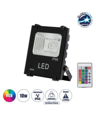 GLOBOSTAR® RGBFLOOD 75600 Προβολέας με IR Ασύρματο Χειριστήριο LED 10W 650lm 120° AC 220-240V Αδιάβροχο IP66 Πολύχρωμο RGB Dimmable - Μαύρο Ματ - Μ11 x Π4 x Υ13.5cm - 2 Χρόνια Εγγύηση